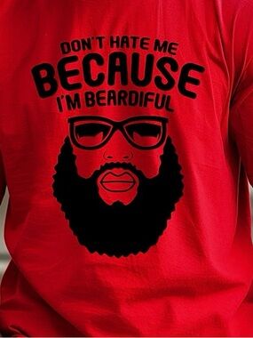 Gildan Red Short-Sleeve Graphic Tee with Black Beard & Sunglasses Print